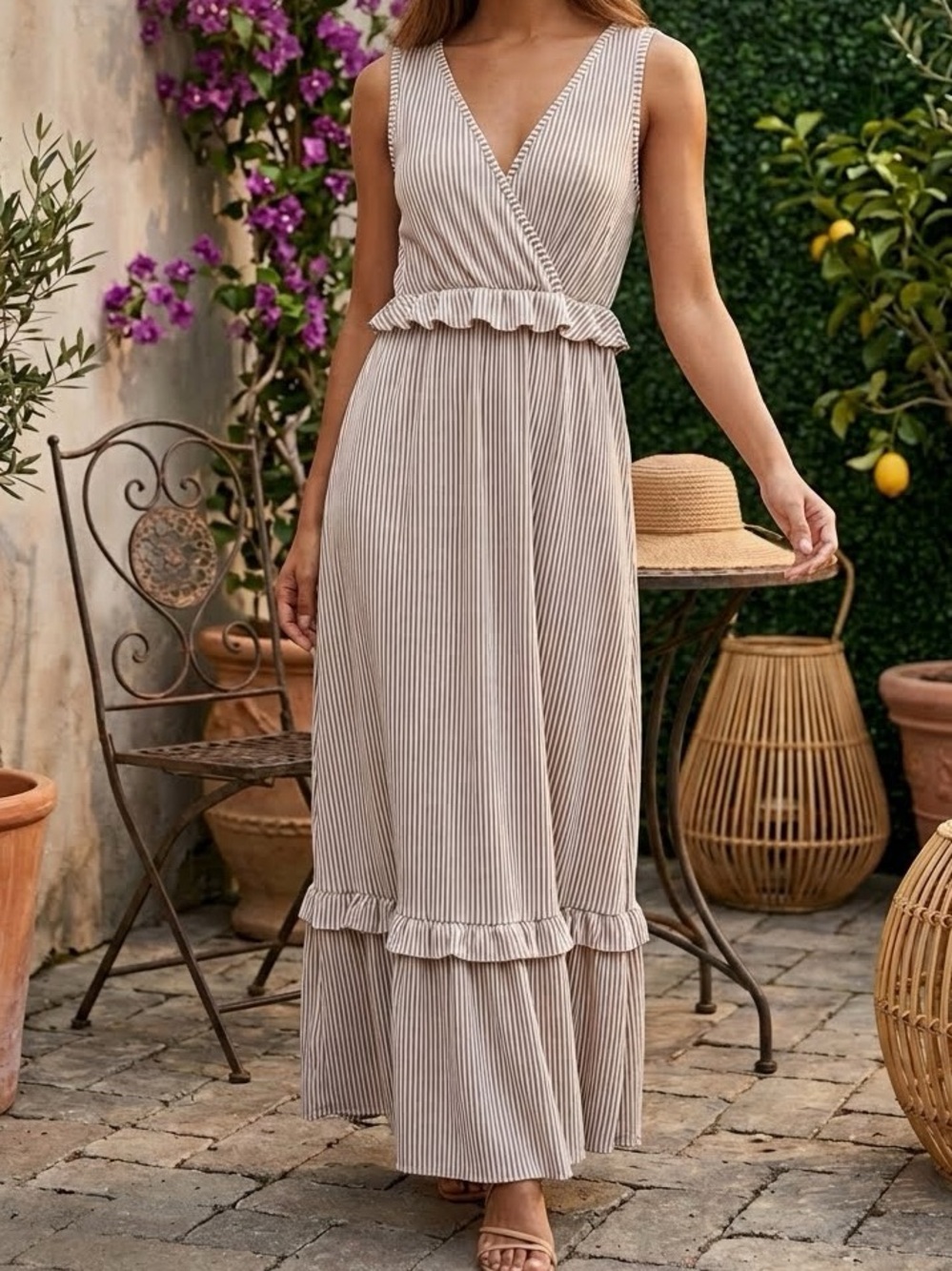 Caution To The Wind Neutral Stripe Ruffle Accent V-Neck Maxi Dress